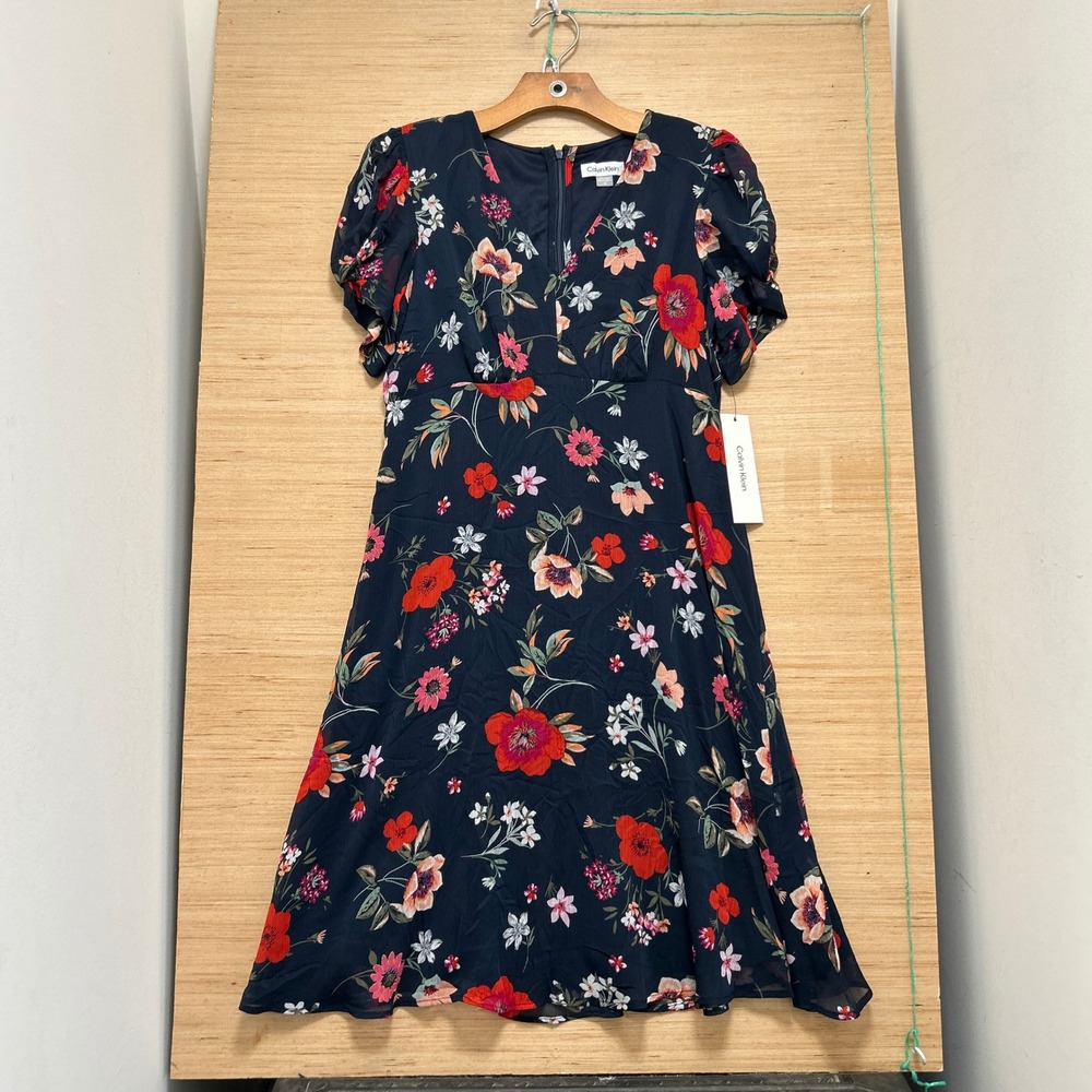 Calvin Klein Navy Blue Floral Chiffon Fit and Flare Dress CD4HM559 Size 10 NEW
